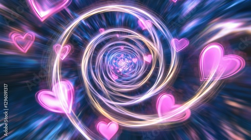 Neon background for Valentine's Day, glowing neon pink and purple hearts on a cosmic blue background