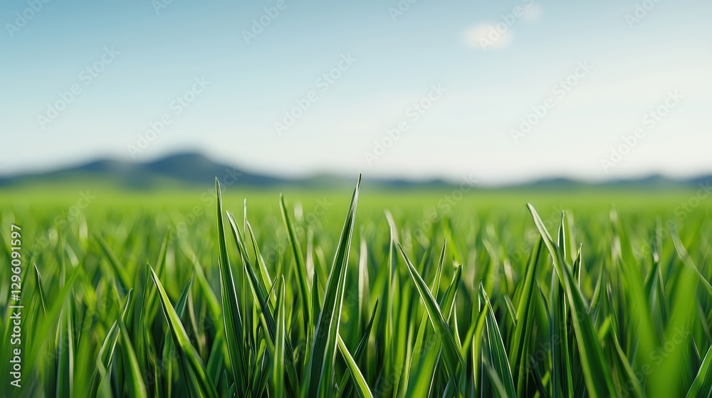 Obraz premium Close up of green grass with a mountain in the background. Nature background.