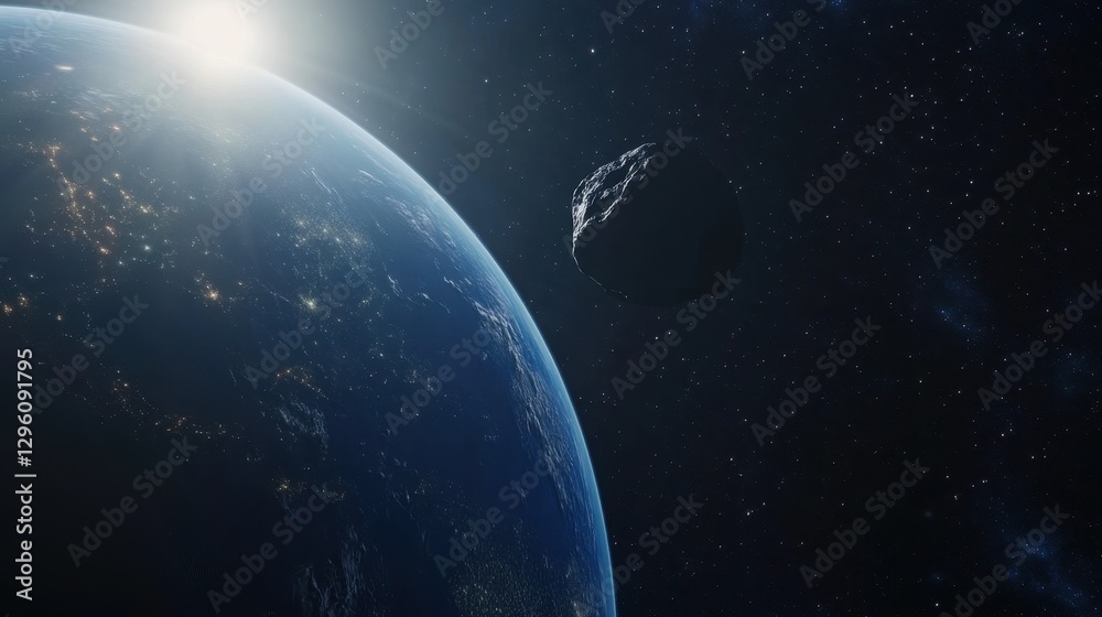 Fototapeta premium A massive asteroid hovers near Earth, casting a dark shadow that highlights the immense scale and potential threat to our planet
