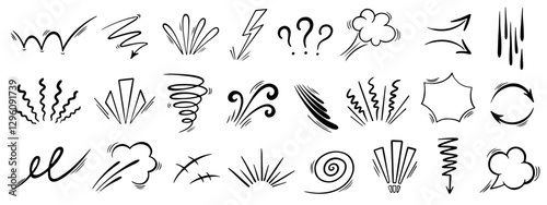 Line movement emotion effect element, cartoon emotion effect decoration icon. Hand drawn effect manga doodle line element arrow, emphasis, shock, sparkle. Expression sign anime line movement vector