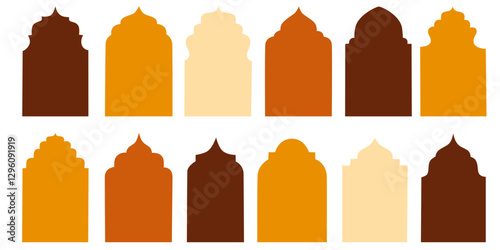 Traditional islamic arches shapes. Set of silhouette eid mubarak decorative arches, mosque borders or moroccan gates. Arabic muslim architecture design elements, ramadan frames in oriental style.