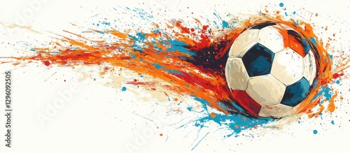 A soccer ball is shown in a splash of colors, with the ball being the main focus of the image. The colors and the way the ball is positioned give the impression of a dynamic and energetic moment