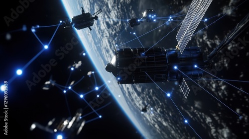 A complex arrangement of low-orbit satellites orbits Earth, interconnected by glowing pathways. This network facilitates global communication and data transfer in a futuristic landscape