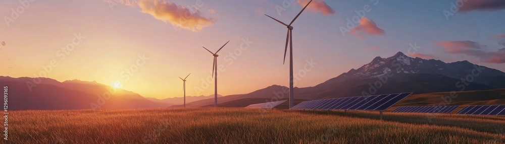 Obraz premium Wind turbines and solar panels in a field at sunset. Clean energy concept.
