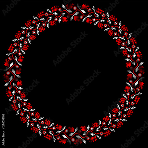 Vector circular ornament with Ukrainian embroidery – traditional floral pattern in pixel style