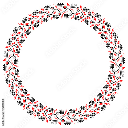 Vector circular ornament with Ukrainian embroidery – traditional floral pattern in pixel style