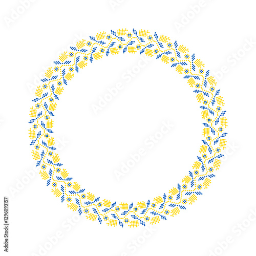 Vector circular ornament with Ukrainian embroidery – traditional floral pattern in pixel style