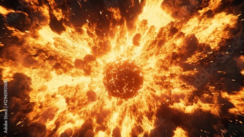 A meteor collides with Earth, engulfing the area in a massive explosion of fire and debris. The catastrophic event disrupts the atmosphere and landscape, leaving destruction in its wake