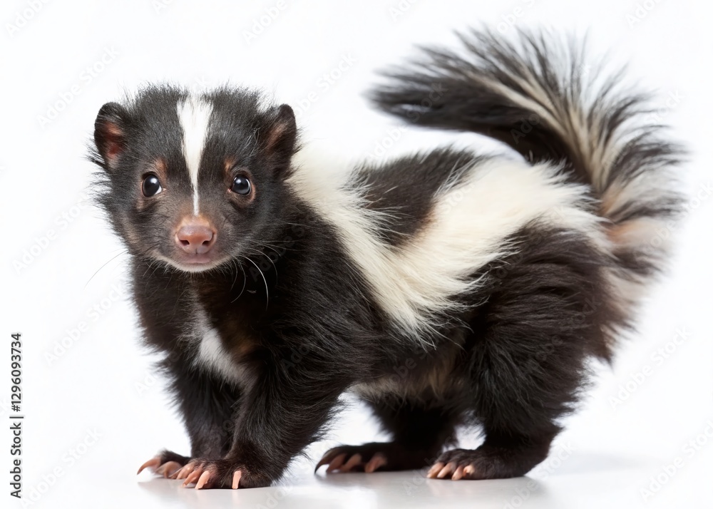 Obraz premium Adorable Young Skunk, Black and White Striped, Posing Sideways, Isolated on White Background