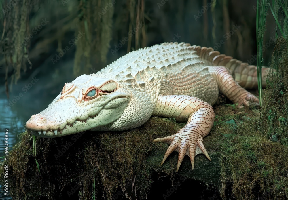 Obraz premium Lifelike White Alligator Resting on Green Mossy Rock in Serene Swamp Environment Surrounded by Lush Vegetation and Mysterious Fog in the Background