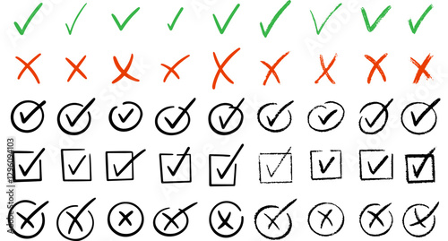 Check marks doodle set. Vote, yes, no, checkbox, checklist, tick and cross signs, v and x drawn concept. Hand drawn doodle sketch style vector illustration 