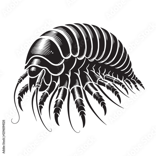 Haunting Giant Isopod silhouette, an icon of the abyssal zone - Isopod illustration - Minimalist Giant Isopod vector - Deep-sea creature silhouette
