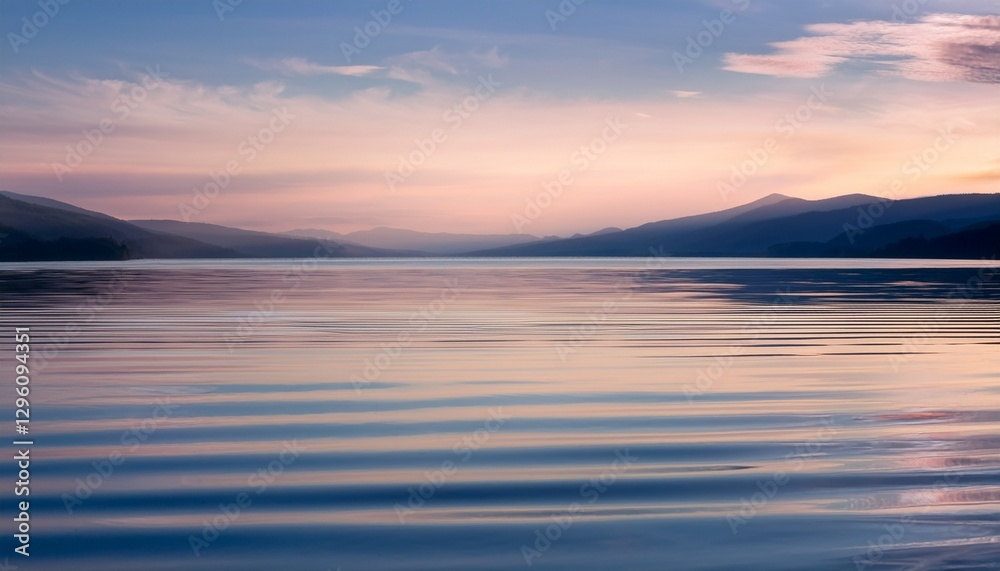 Obraz premium Macro calm lake surface: small ripples, distant mountains, soft cool color. Serene nature vista
