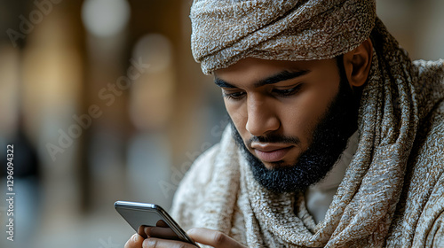 Young Man in Traditional Headwear Uses Smartphone Outdoors photo