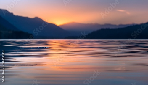 Macro calm lake surface: small ripples, distant mountains, soft cool color.  Serene nature vista