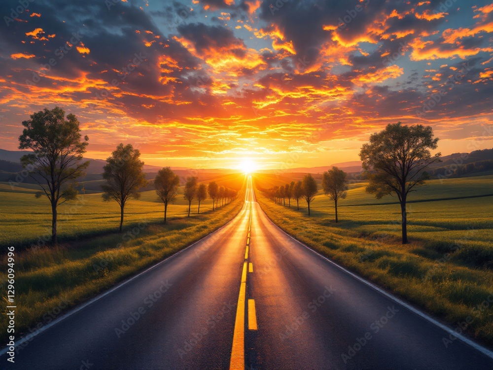 Naklejka premium Stunning Country Road at Sunrise, Leading to Adventure