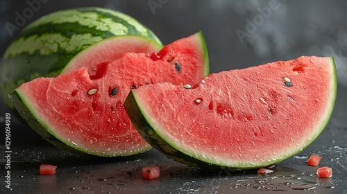 Close up of watermelon slice with detailed texture revealing glistening moisture beside a whole fruit on white background photo