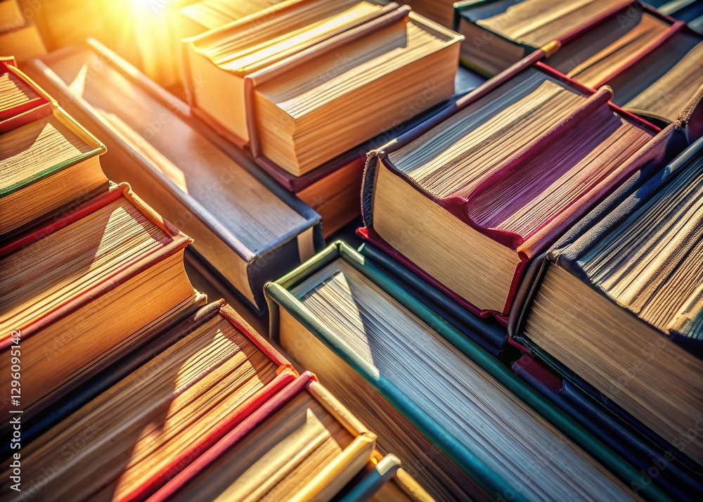 Fototapeta premium Aerial Close-Up of Stacked Hardcover Books - Drone Photography