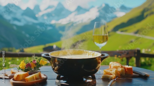 A table is set with a steaming pot of fondue, fresh bread, and a glass of white wine, surrounded by breathtaking Swiss alpine scenery on a sunny day