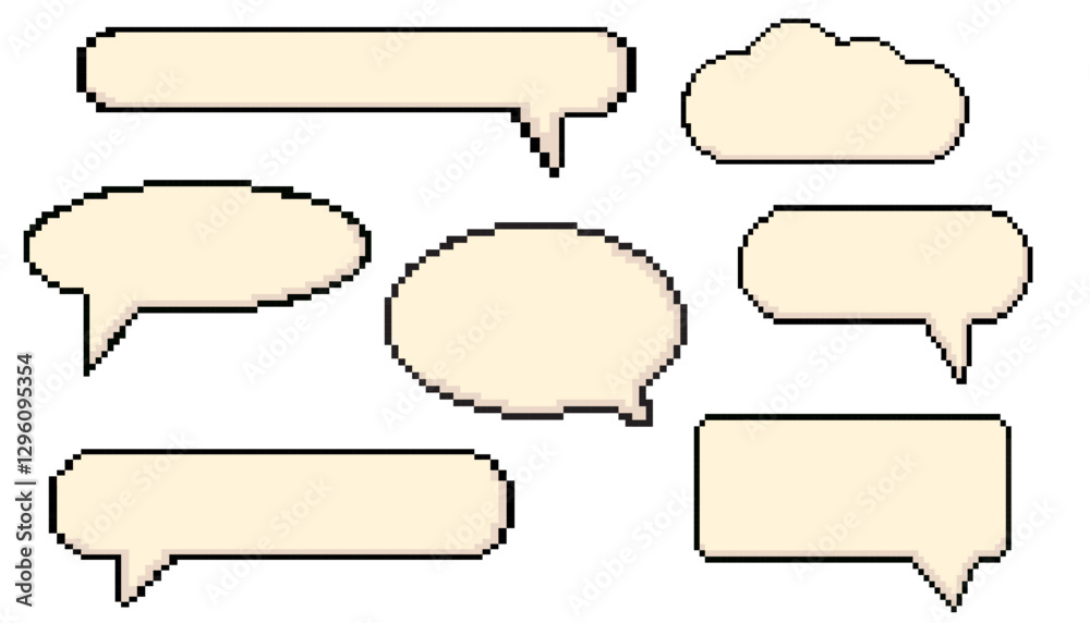 Pixel speech bubbles. Chat speech or dialogue. Set of white different shape empty pixelated speech bubbles. Stickers, icons, empty dialogue cloud templates. Vector illustration 8-bit retro style