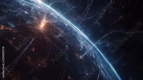 Stunning visuals capture the intricate web of space-based internet technology, linking Earth to a vast network. Vibrant lights illuminate the planet's curvature against the dark backdrop of space