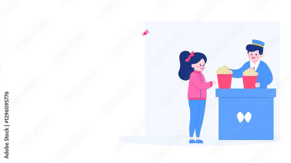 Cartoon illustration of a bustling movie theater, animated cashier serving popcorn to a stylish couple in matching jackets, featuring ample copy-space, simple vector line art Cartoon illustration of a bustling movie theater, animated cashier serving popcorn to a stylish couple in matching jackets, featuring ample copy-space, simple vector line art