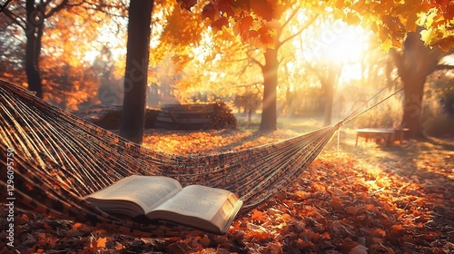 Autumn Relaxation Hammock Book and Golden Sunlight