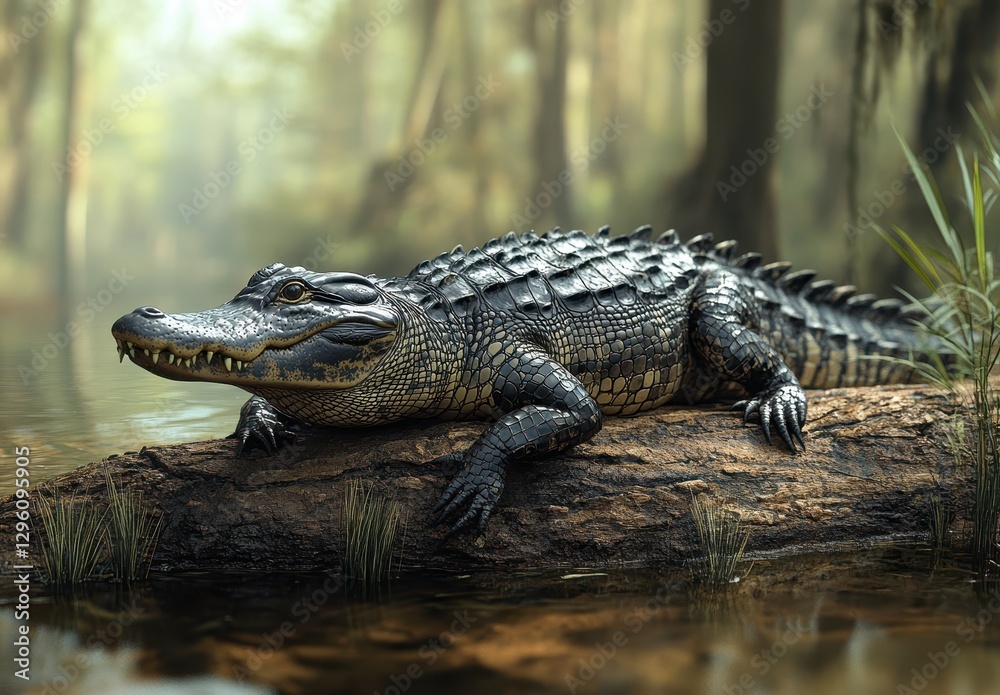 Fototapeta premium Lurking Alligator by the Water's Edge in a Serene Swamp Setting, Capturing Nature's Untamed Beauty Amidst Lush Greenery and Still Waters