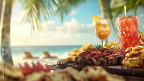 Diners indulge in a feast at a Brazilian churrascaria, surrounded by tropical vibes, delicious grilled cuts, and refreshing drinks, all with a stunning beach view