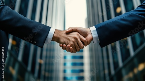 Two figures in crisp suits, their hands clasped in a gesture of trust and collaboration, stood on the precipice of a shared success, their eyes reflecting the ambition and determination that fueled