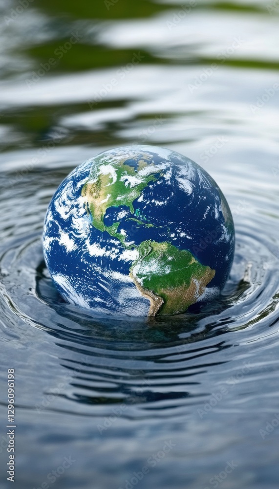 A miniature Earth gently rests on calm water, creating ripples. A symbolic representation of our planet's delicate balance and vulnerability. A miniature Earth gently rests on calm water, creating ripples. A symbolic representation of our planet's delicate balance and vulnerability.