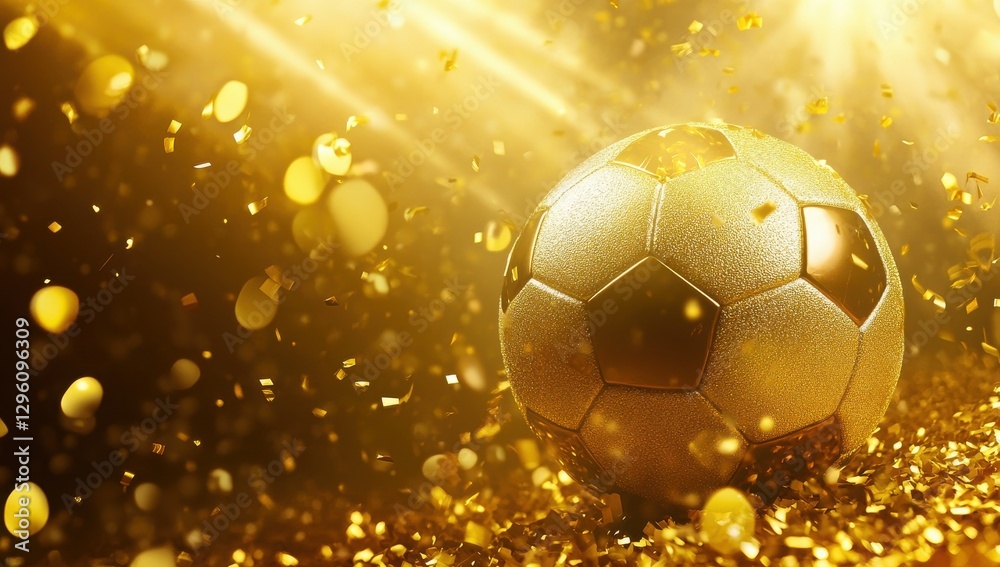 Naklejka premium A gold soccer ball is surrounded by glitter. The ball is the main focus of the image, and the glitter adds a sense of celebration and excitement. The combination of the shiny gold ball