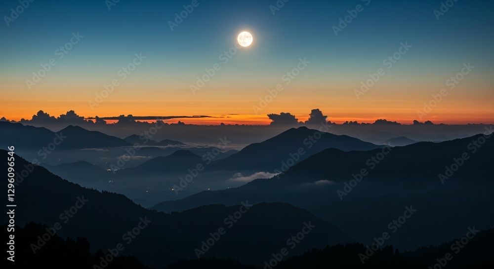 Obraz premium Full Moon Over Mountain Landscape for travel blogs, nature photography websites, meditation apps, and outdoor adventure promotional materials
