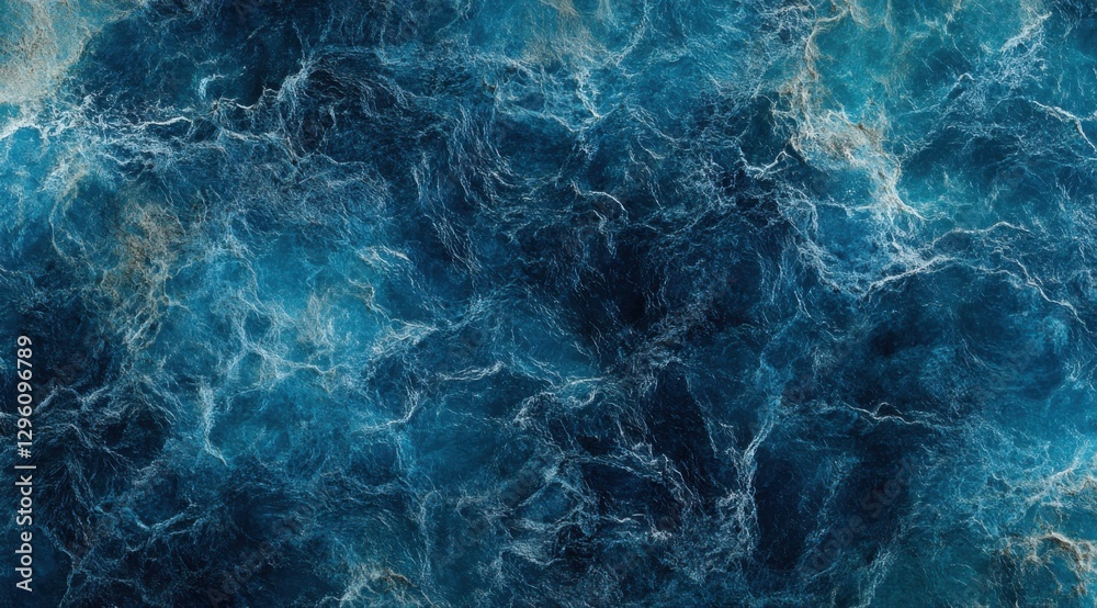 The image is of a blue ocean with a lot of white bubbles. The bubbles are scattered throughout the water, creating a sense of movement and energy The image is of a blue ocean with a lot of white bubbles. The bubbles are scattered throughout the water, creating a sense of movement and energy