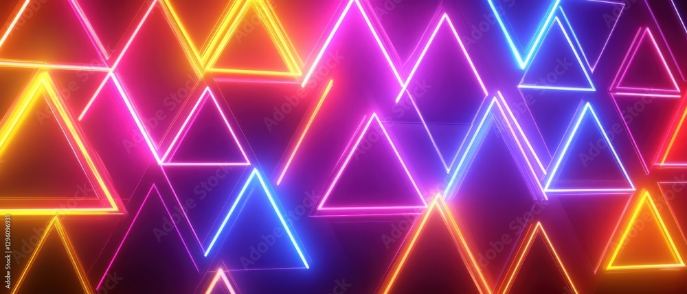 Vibrant Neon Triangles Glowing in a Dark Room, Abstract Geometric Background with Colorful Light Effects for Modern Design and Futuristic Concept Vibrant Neon Triangles Glowing in a Dark Room, Abstract Geometric Background with Colorful Light Effects for Modern Design and Futuristic Concept