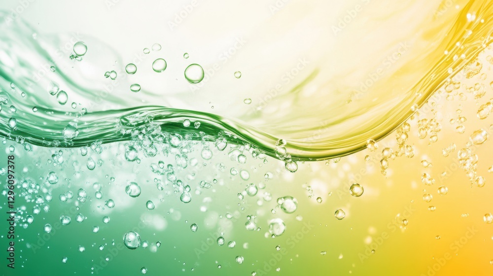 Fototapeta premium A green and yellow wave of water with many small bubbles. The bubbles are scattered throughout the water, creating a sense of movement and energy. The colors of the water