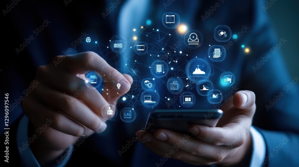 A modern businessman, his fingers tapping furiously on the screen of his mobile smartphone, navigates a digital landscape of interconnected icons. Growth graphs representing increasing customer base A modern businessman, his fingers tapping furiously on the screen of his mobile smartphone, navigates a digital landscape of interconnected icons. Growth graphs representing increasing customer base