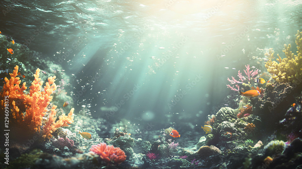 Vibrant underwater coral reef teeming with diverse marine life during midday in a tropical ocean setting Vibrant underwater coral reef teeming with diverse marine life during midday in a tropical ocean setting