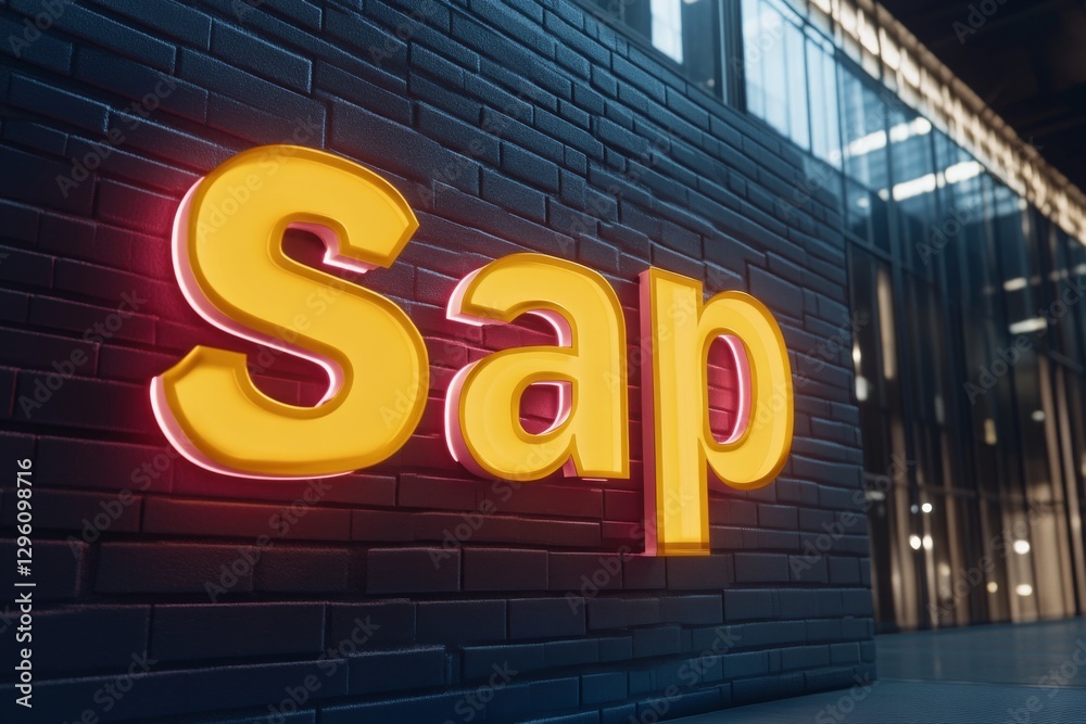 SAP - Business process automation software, displaying bright yellow and pink letters spelling SAP on a blue brick wall SAP - Business process automation software, displaying bright yellow and pink letters spelling SAP on a blue brick wall