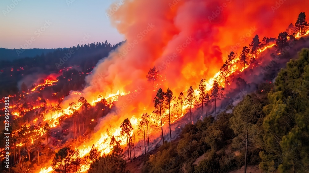 Fototapeta premium Dramatic Forest Fire Erupting on a Mountain Slope with Thick Smoke and Bright Flames Under a Dusk Sky Captured from a High Angle View