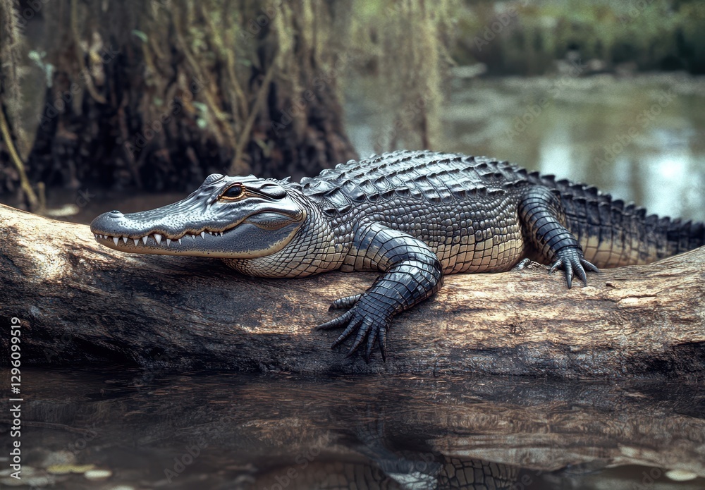 Lying Alligator on a Log Near Calm Water Surrounded by Nature in a Serene Wetland Environment Captured in Beautiful Natural Light Lying Alligator on a Log Near Calm Water Surrounded by Nature in a Serene Wetland Environment Captured in Beautiful Natural Light