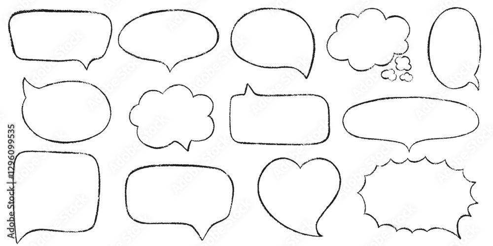 Chalk pencil speech bubbles doodle set. Crayon frames, comic talk balloon. Grange texture. Hand drawn kid's style pencil dialog balloon, various text clouds. Hand drawn vector illustration  