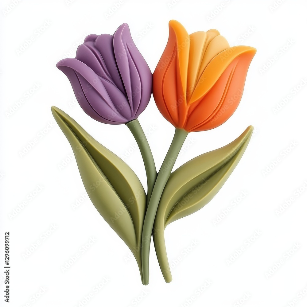 A happy spring scene in 3D, with yellow and red tulips and green leaves, creates a delightful and cheerful display A happy spring scene in 3D, with yellow and red tulips and green leaves, creates a delightful and cheerful display