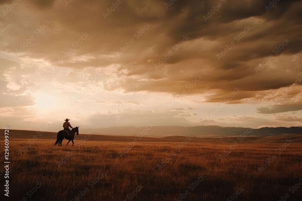 Cowboy riding horse through golden prairie under dramatic sky Cowboy riding horse through golden prairie under dramatic sky