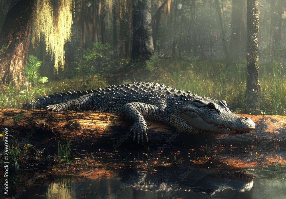 Lying Alligator on Log in Serene Swamp Environment with Lush Greenery and Soft Sunlight Filtering Through Trees Lying Alligator on Log in Serene Swamp Environment with Lush Greenery and Soft Sunlight Filtering Through Trees