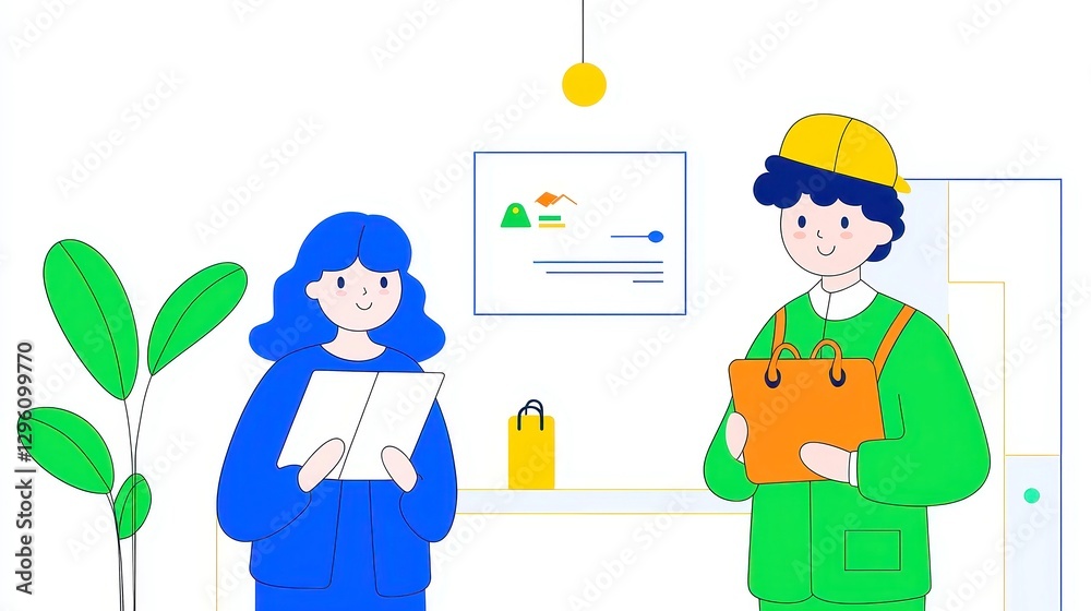 Travel Agency Adventure, cheerful cartoon illustration of a travel agent assisting a couple in planning their vacation, featuring clean lines, vibrant colors, ample copy-space for text Travel Agency Adventure, cheerful cartoon illustration of a travel agent assisting a couple in planning their vacation, featuring clean lines, vibrant colors, ample copy-space for text