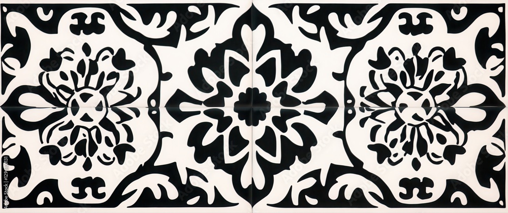 A black and white tile design with a flower pattern. The design is very intricate and detailed. The tile is placed on a white background A black and white tile design with a flower pattern. The design is very intricate and detailed. The tile is placed on a white background