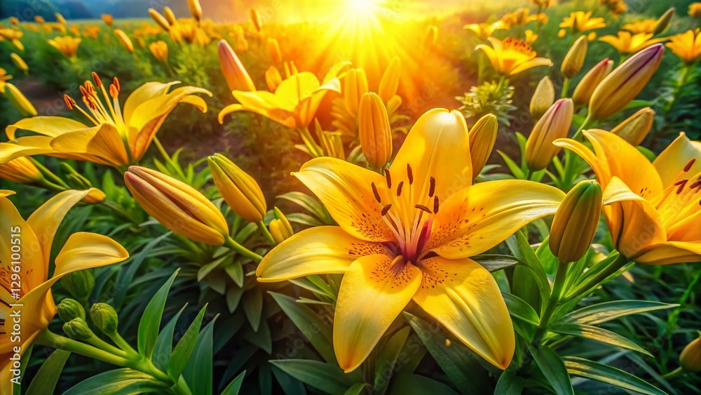 Aerial Drone Shot of Vibrant Yellow Lilies Blooming in a Lush Garden Aerial Drone Shot of Vibrant Yellow Lilies Blooming in a Lush Garden