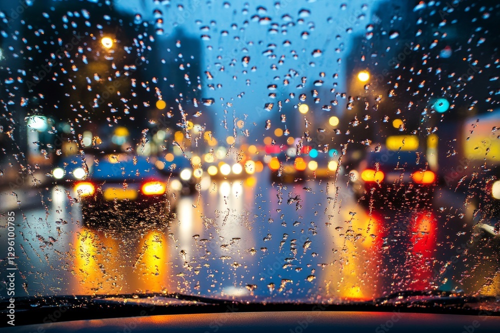 Obraz premium The car's brake lights ahead are visible through the windshield on a rainy evening