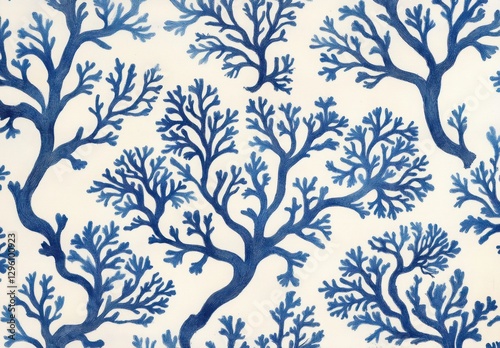 A blue and white pattern of tree branches. The blue and white color scheme gives the impression of a calm and peaceful atmosphere